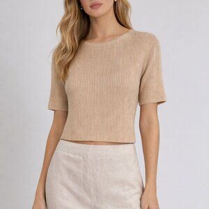 Preview Collection 100% Silk Rib Knit Top Beige Short Sleeve Size L